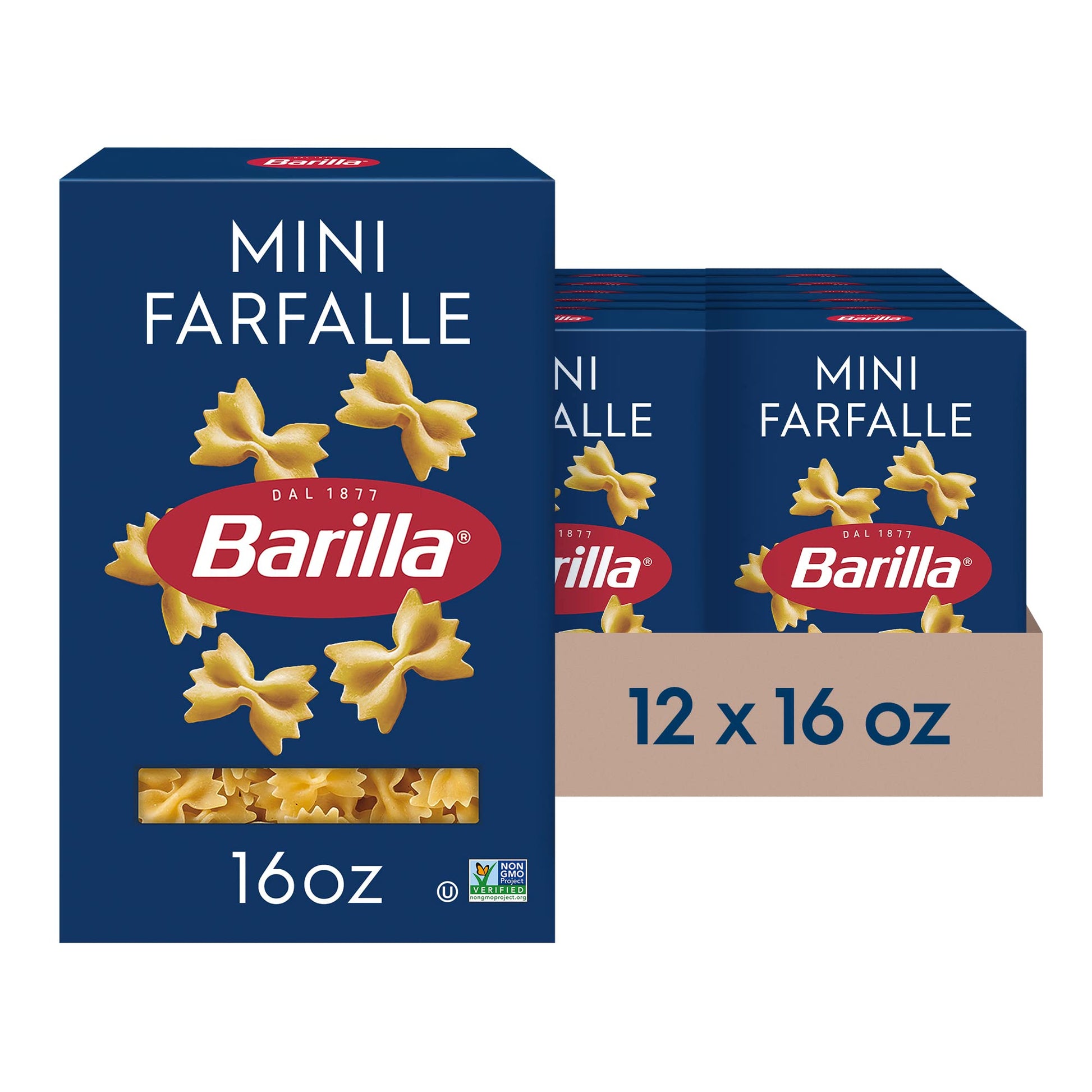 Barilla Mini Farfalle Pasta, 16 oz. Box (Pack of 12) - Non-GMO, Made with Durum Wheat Semolina - Kosher Certified