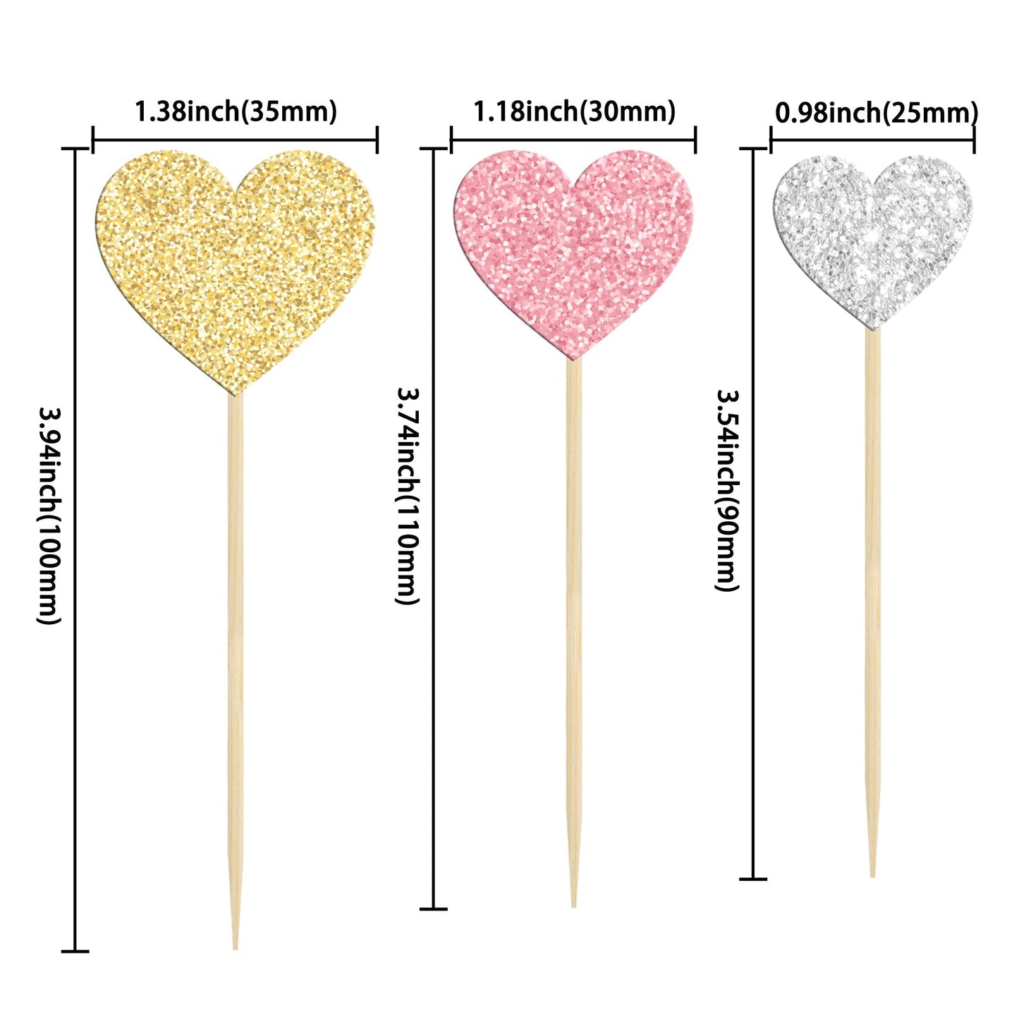 Gyufise Heart Cupcake Toppers, 30Pcs Glitter Picks for Valentines Day, Gold Pink Silver, Paper, Model ZN0555-MU1