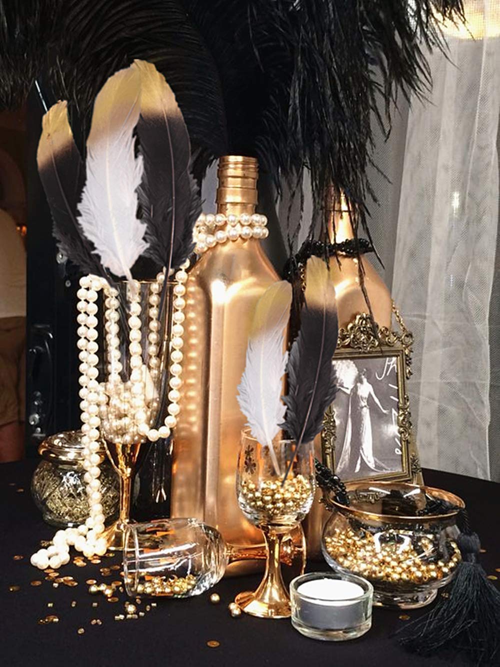 Jevenis 41 Pcs Gorgeous Black And Gold Dipped Feather Black Feathers White Pearl Bead Necklaces For 1920'S Wedding Cake Decorati
