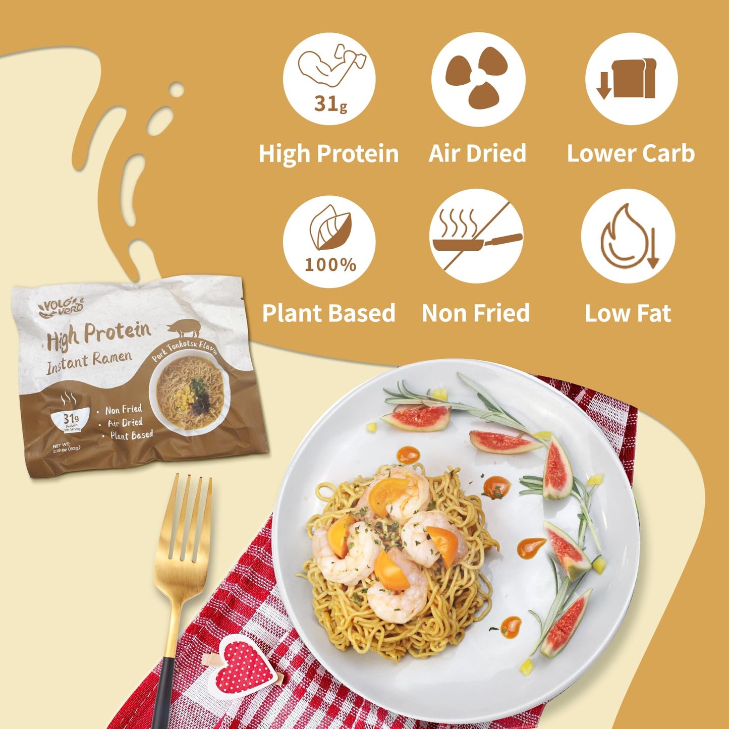 Volo Vero High Protein (31G) Instant Ramen Pork Tonkotsu Flavor Soup, Plant-Based, Air-Dried, Non-Fried, Low Carb, Egg-Free, Dai