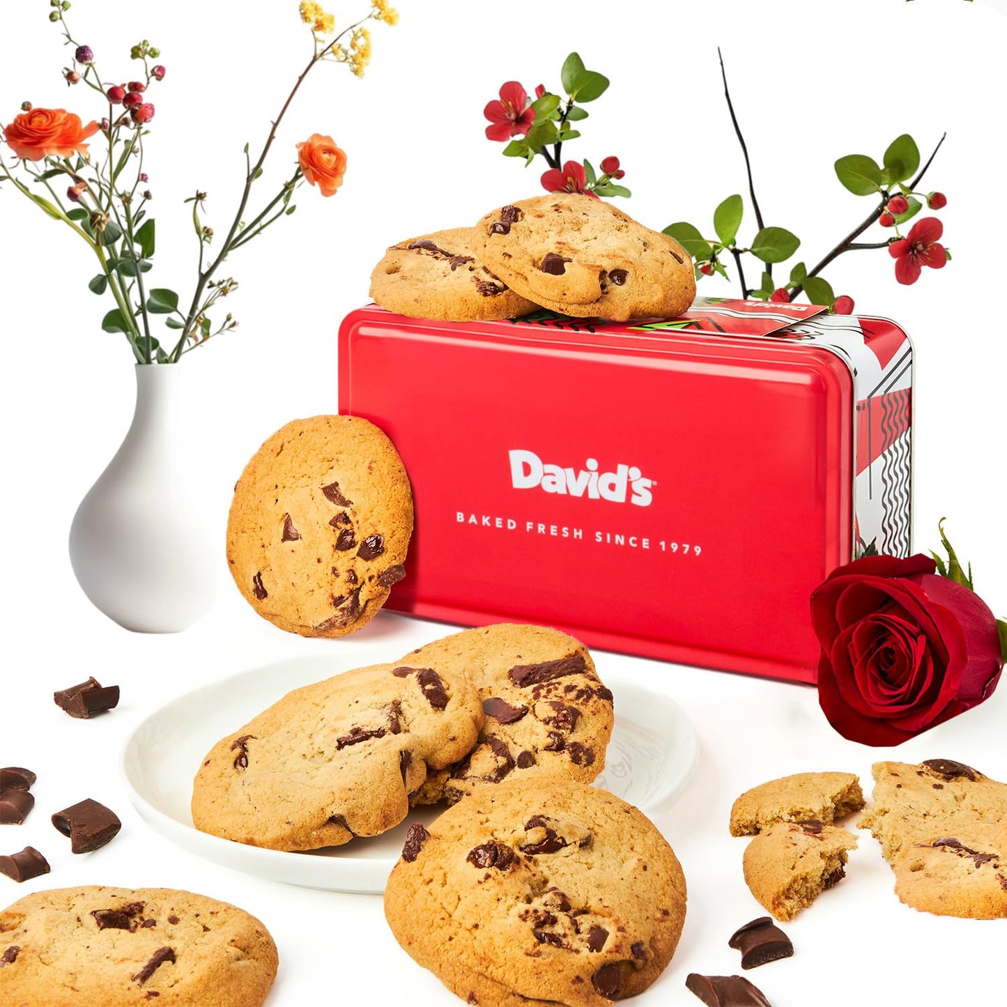 Davids Cookies Freshly Baked Cookies Assortment - Delicious Handmade Soft Variety - Exquisite Gourmet Gift for Friends & Family on Special Occasions - Chocolate Chunk Cookies in Sweet Sampler Tin