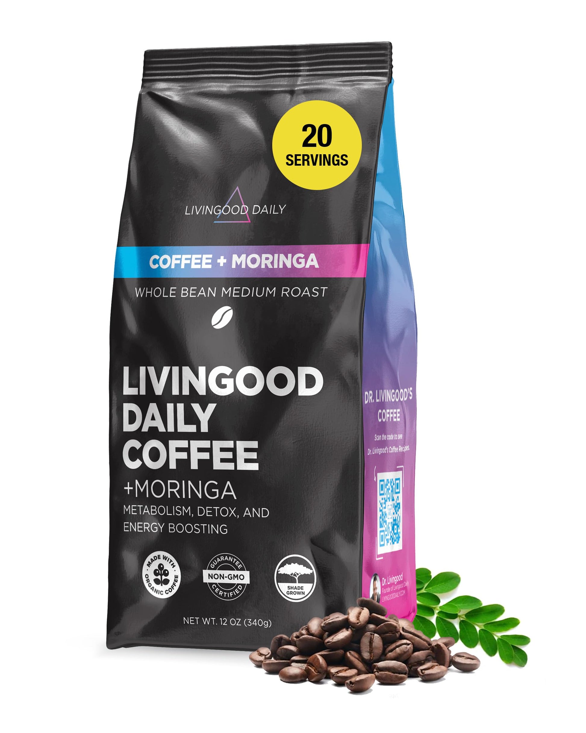 Livingood Daily Coffee Medium Roast with Moringa, 12 oz Bag, Organic, Non-GMO, Vegan, Gluten-Free