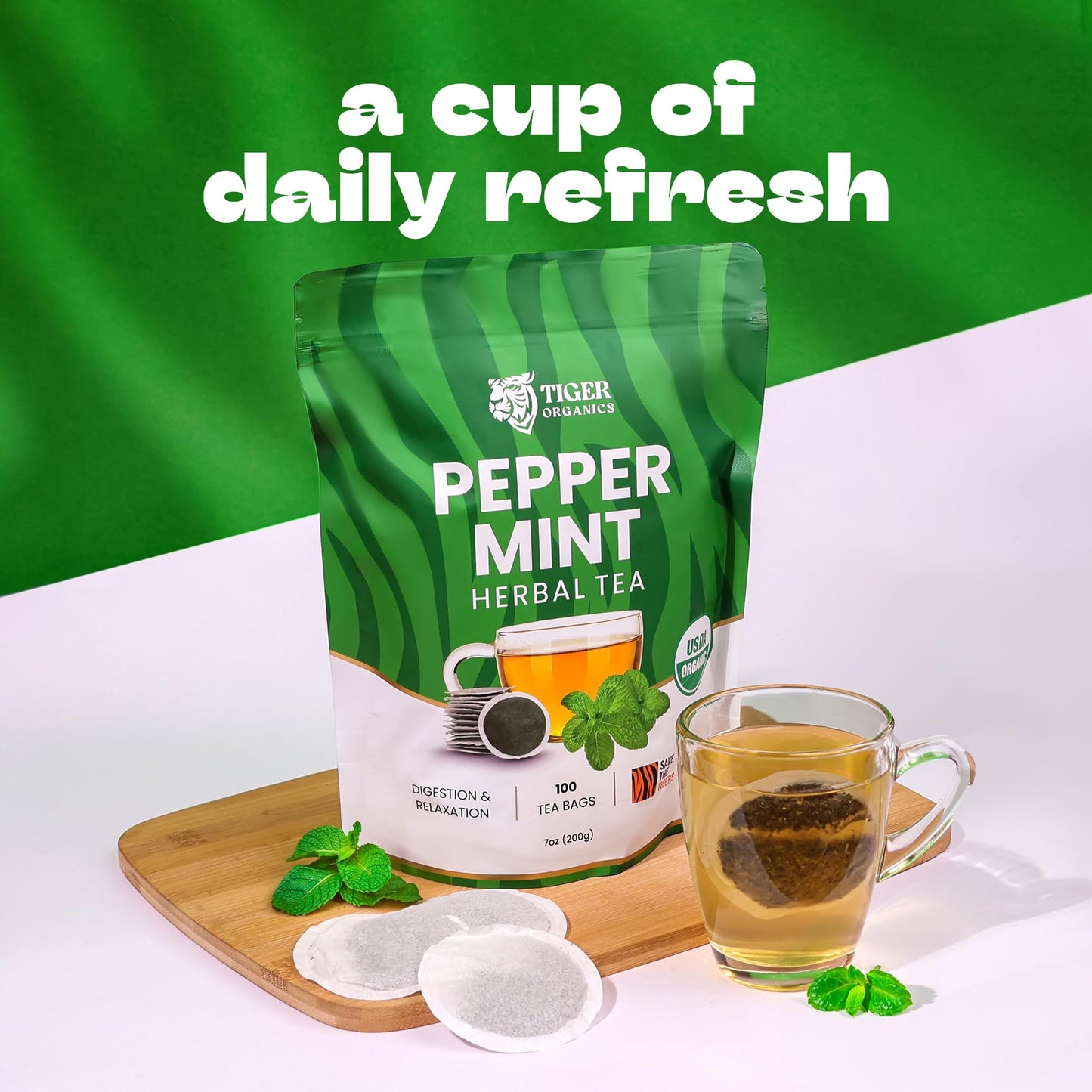 Tiger Organics Peppermint Herbal Tea, 100 Biodegradable Teabags, USDA Organic Certified, Caffeine-Free, Supports Healthy Digestion