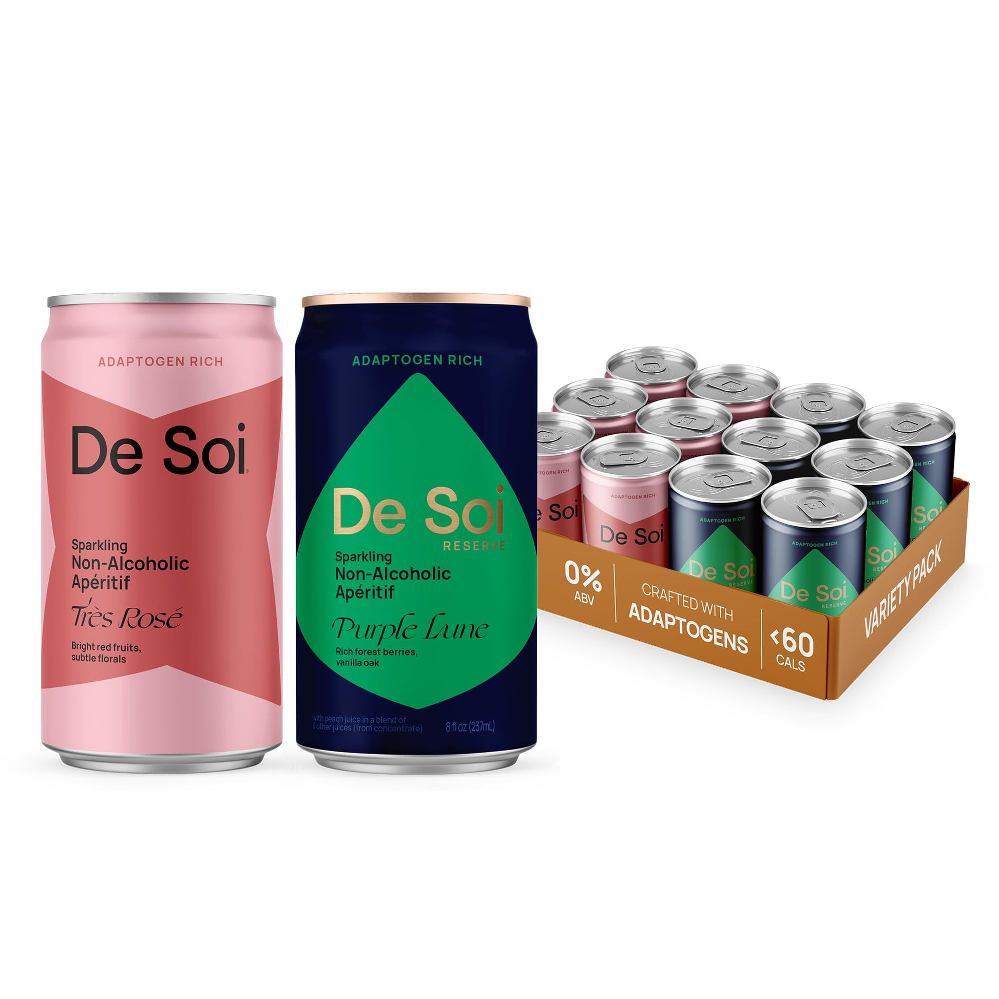 De Soi Beverage-Inspired Sampler (Tres Rose + Purple Lune) Mocktails Na Drinks 12-Pack Adaptogen Drink  Sparkling Drink With Calming Botanicals  Mocktails Drinks  Gluten Free  No Artificial Flavors