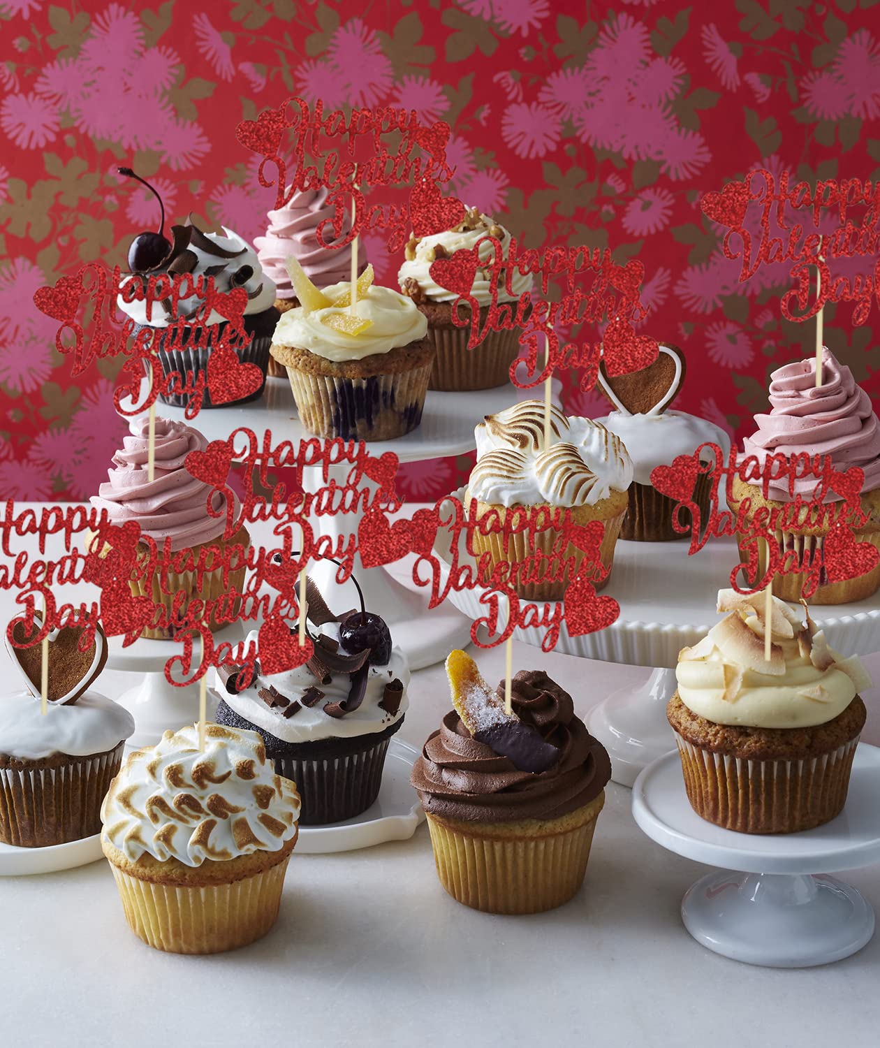 40Pcs Valentines Day Cupcake Toppers Decorations, Red Glitter Happy Valentines Day Cupcake Toppers For Valentine'S Day Decoratio