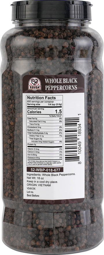 52Usa Whole Black Peppercorns, 18Oz (Pack Of 1), Peppercorns For Grinder Refill, Gluten-Free, Kosher, Non-Gmo, All Natural Black