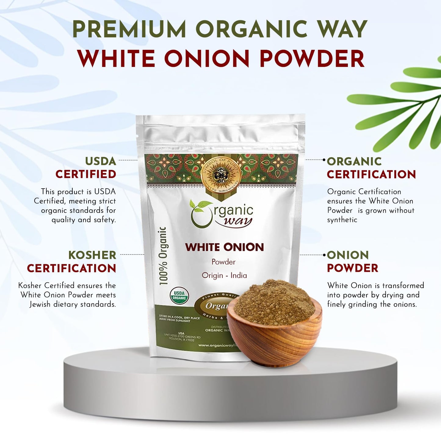 Organic Way White Onion Power | Granulated Onion Powder | Usda & Kosher Certified | Non Gmo & Gluten Free | Origin India (1/2 Lb