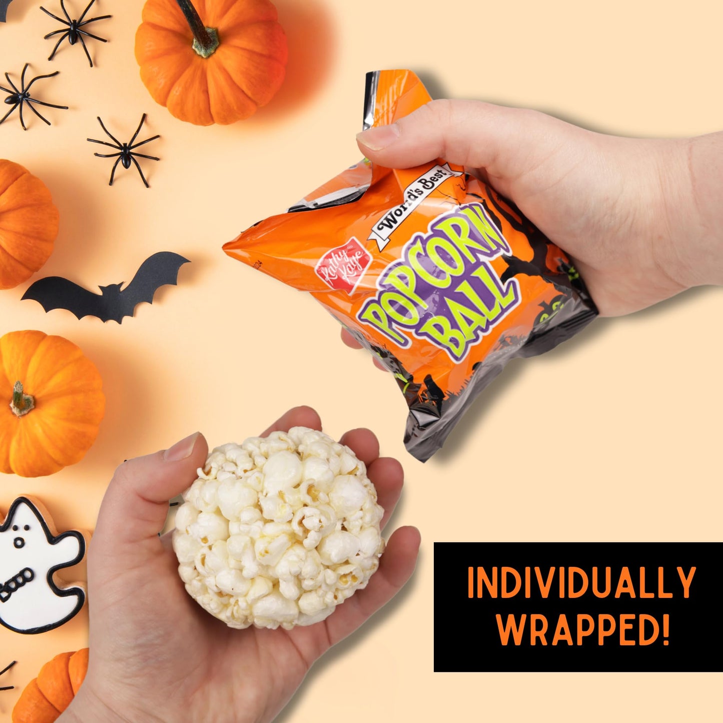Kathy Kaye Halloween Popcorn Balls - Crunchy Sweet Treats for Trick-or-Treaters & Parties - Individually Wrapped 1 oz Snacks - G