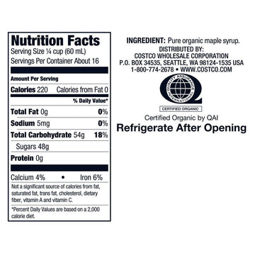 Kirkland Signature Organic Gluten Free 100% Pure, Grade A Amber Rich Maple Syrup - 1 L (33.8 Oz)