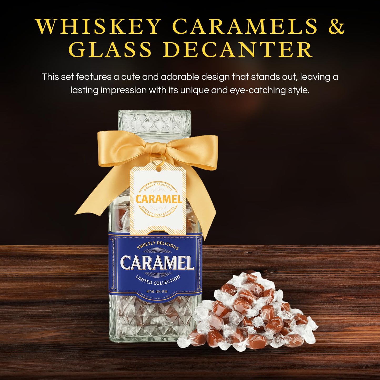 The Wine Savant Scotch spirit-inspired flavor Caramels & Glass Decanter Gift Set - 750 mL, Premium Salted Caramel, Model TWS-DAD-DEC-CARA-SET