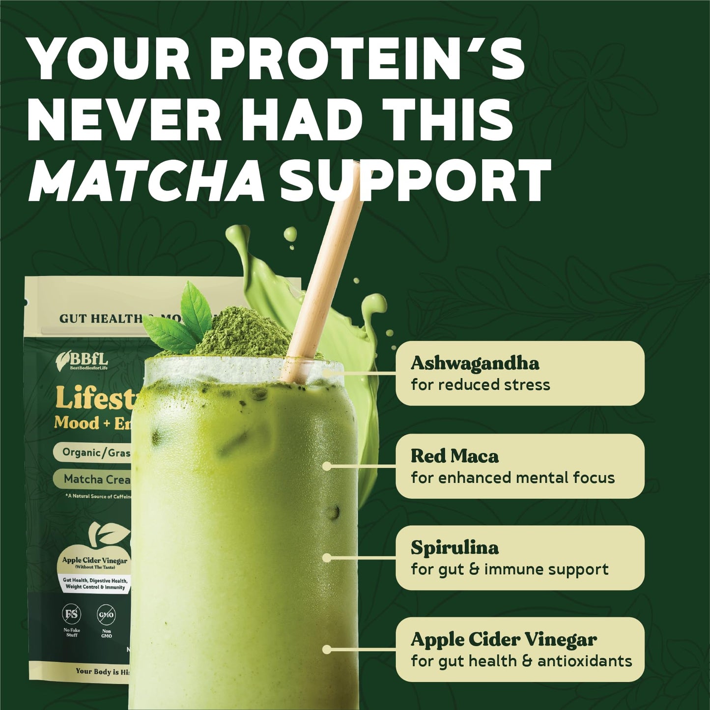 BBfL Grass-Fed Whey Protein Shake, 21g Protein, Matcha + Apple Cider Vinegar, 11.64 Ounce, rBGH-Free, Prebiotics,