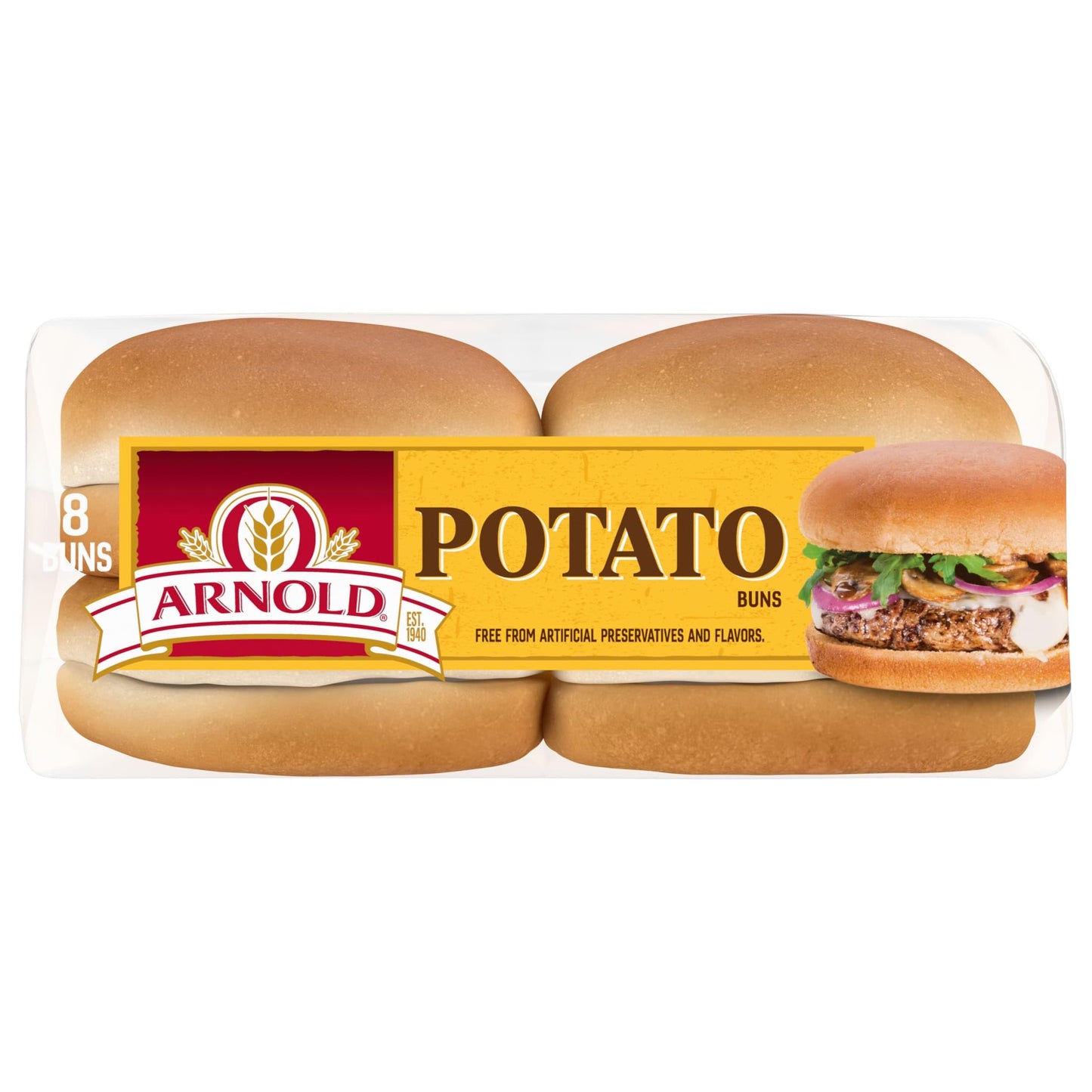 Arnold Potato Buns, 8 count, (2.0 oz each), Hamburger Buns, 16 oz Bag