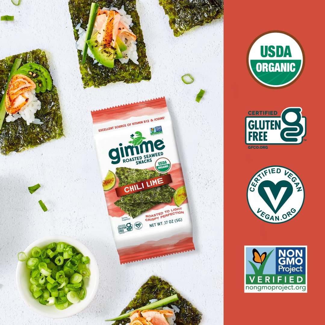 gimMe Organic Roasted Sea  Snacks, Chili Lime, 20 Count, Keto, Vegan, Gluten-Free, Healthy Snack