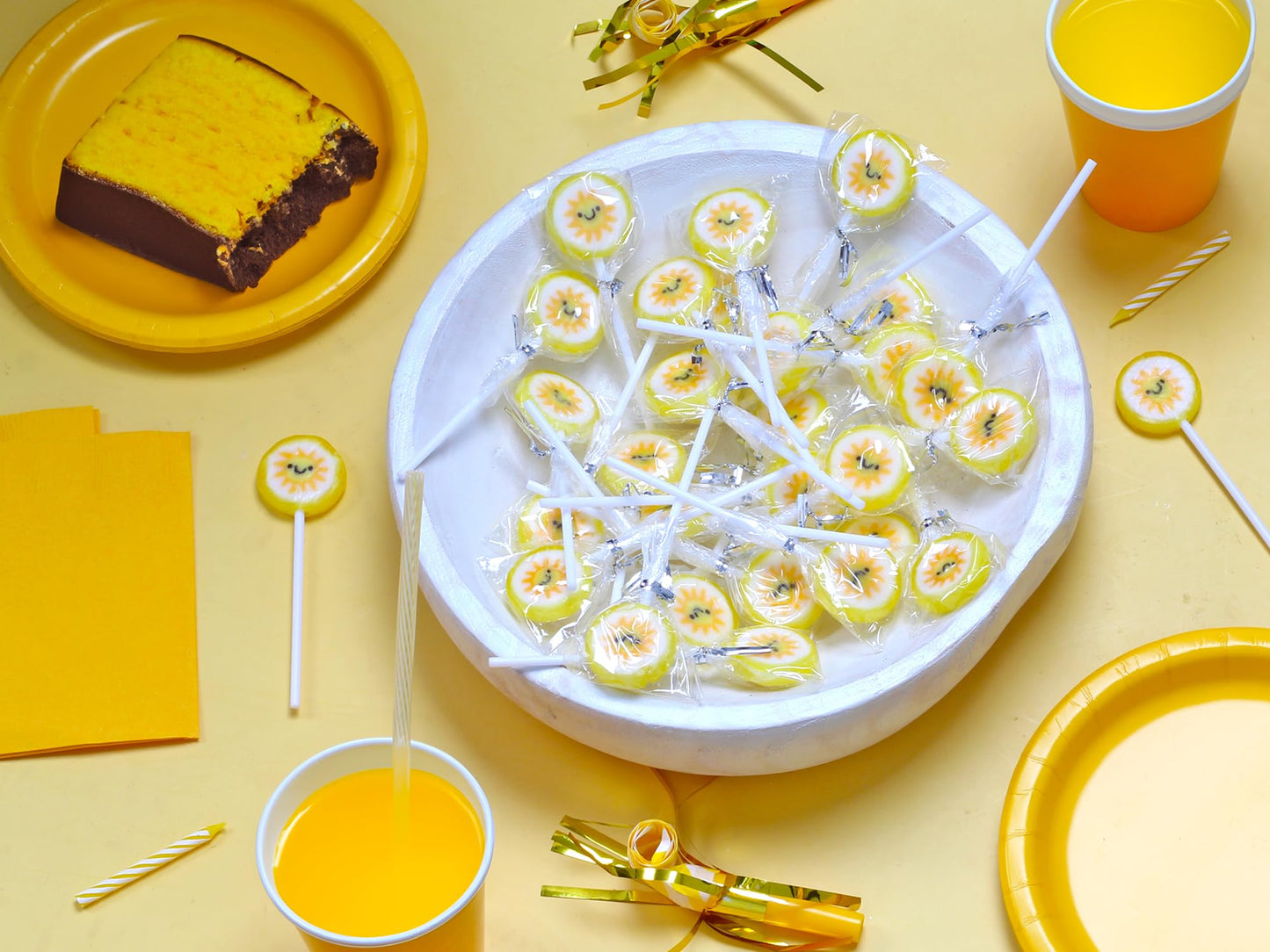 Sun Candy Lollipops - 30 Count Individually Wrapped Suckers Bulk - Cute Fun Summer Themed Yellow Candy Favors - Beach Theme Part