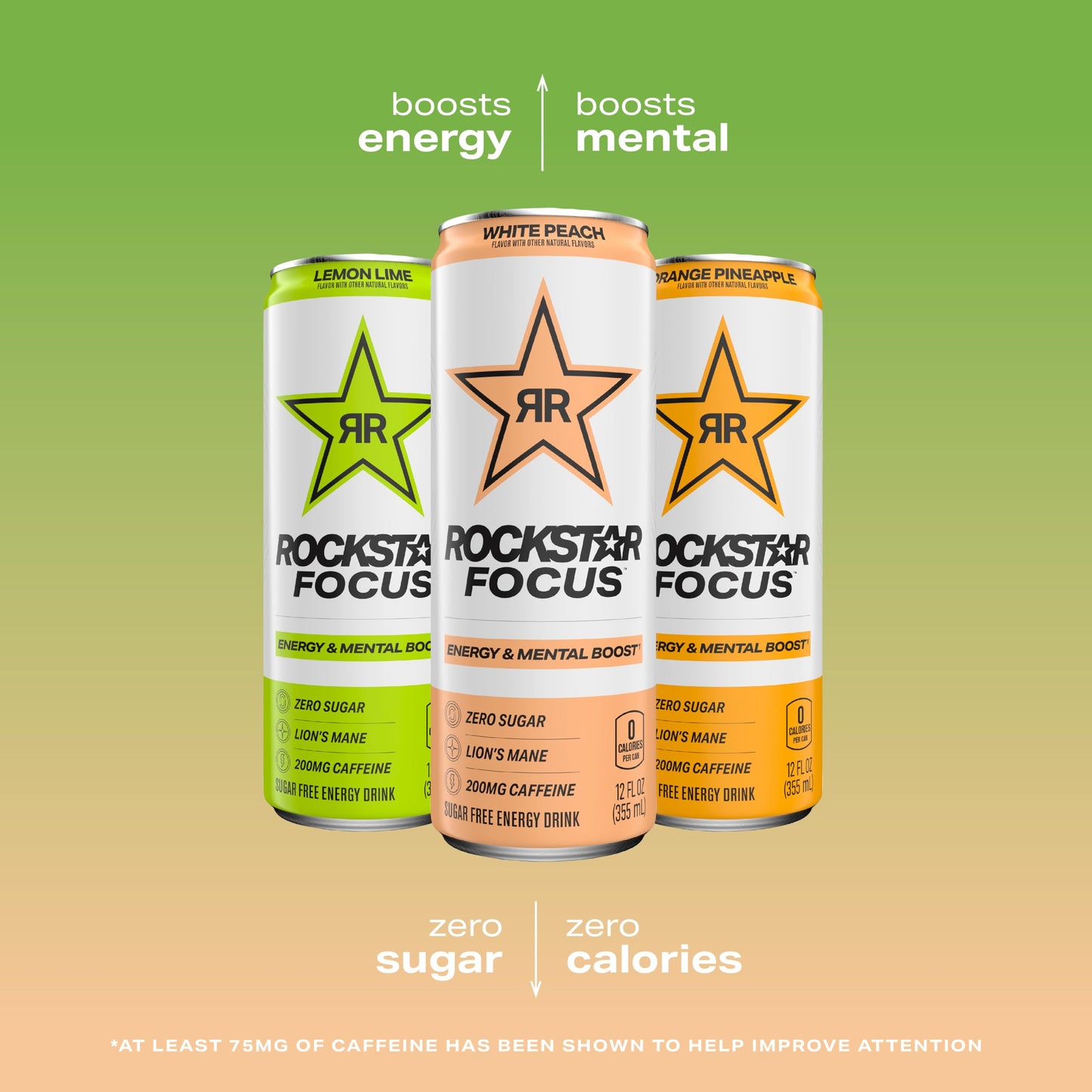 Rockstar Focus Variety Pack, 3 Flavors (White Peach, Lemon Lime, Orange Pineapple), 12 Fl Oz Cans, Pack of 12