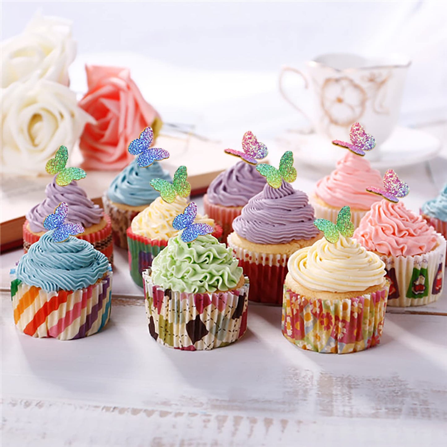 Newmemo Gradient Sequins Butterfly Cake Toppers, 12pcs, Rose Gold, Glitter Polyester, Birthday Wedding Party Decorations