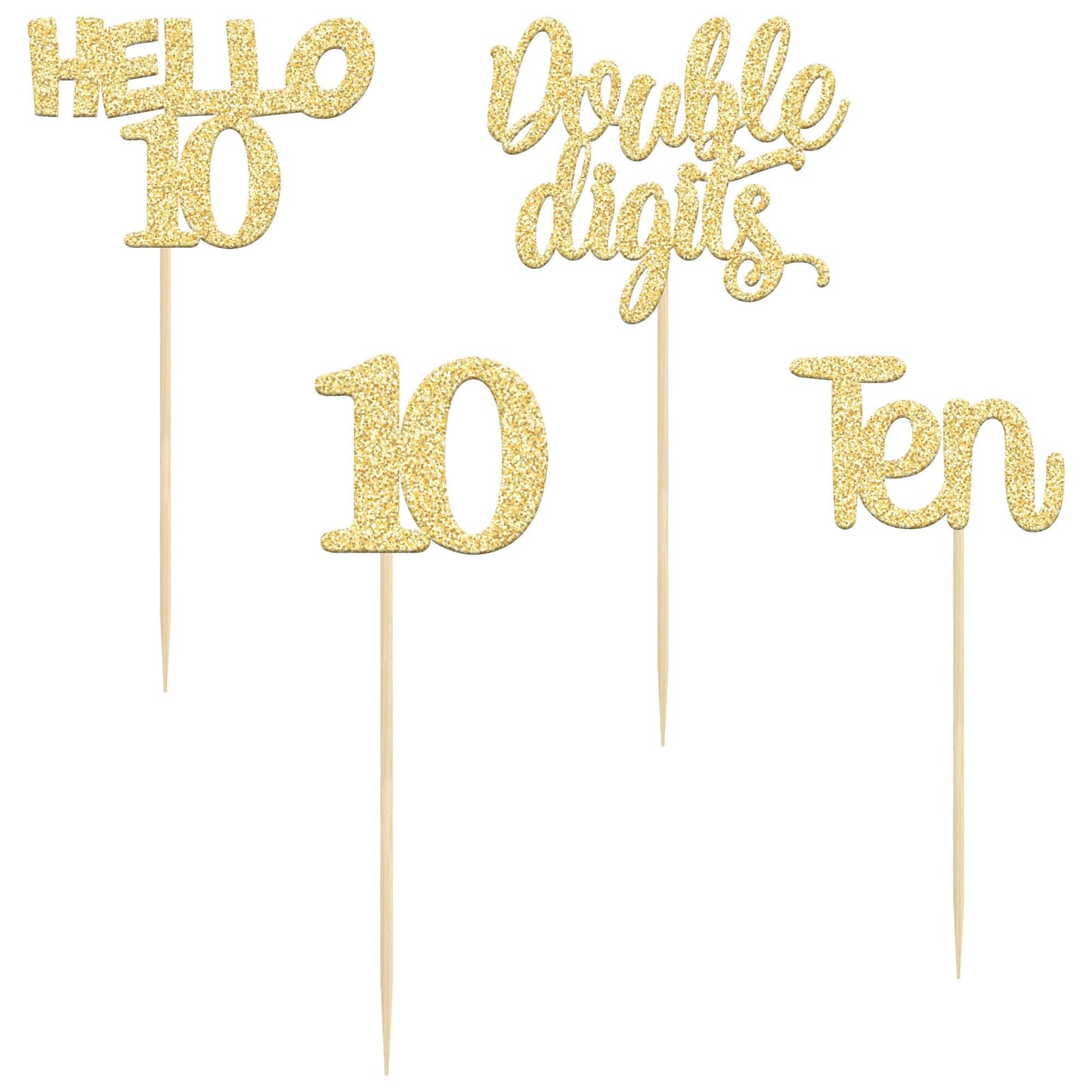 Gyufise 24Pcs Gold Glitter 10Th Birthday Cupcake Toppers Double Digits Cupcake Toppers Hello 10 Ten Cupcake Picks For 10Th Birth