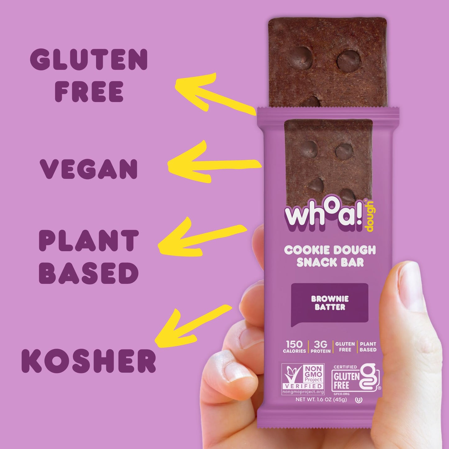 Whoa Dough Edible Cookie Dough Bars- Certified Non-Gmo, Kosher And Gluten Free Bars - Healthy Snack Foods - Plant Based Snacks Made With Real Ingredients - Brownie Batter Cookie Dough - 4 Pack