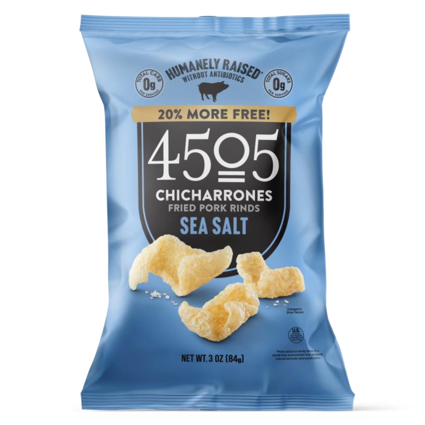 4505 Sea Salt Seasoned Chicharrones, Fried Pork Rinds - Sea Salt Flavored Pork Skins - Low Carb, Gluten-Free, Protein Snack - 3Oz