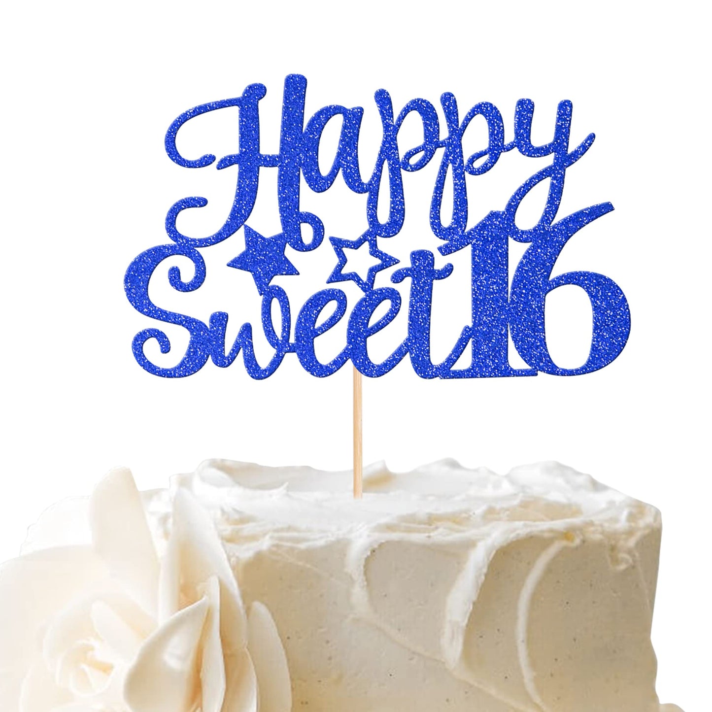 YCTHUNFISH Happy Sweet 16 Cake Topper, Glitter Cake Pick for 16th Birthday Party, Blue, Bamboo Material