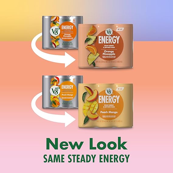 V8 Energy Peach Mango and Orange Pineapple Energy Drinks, 8 fl oz Can (24 Pack)