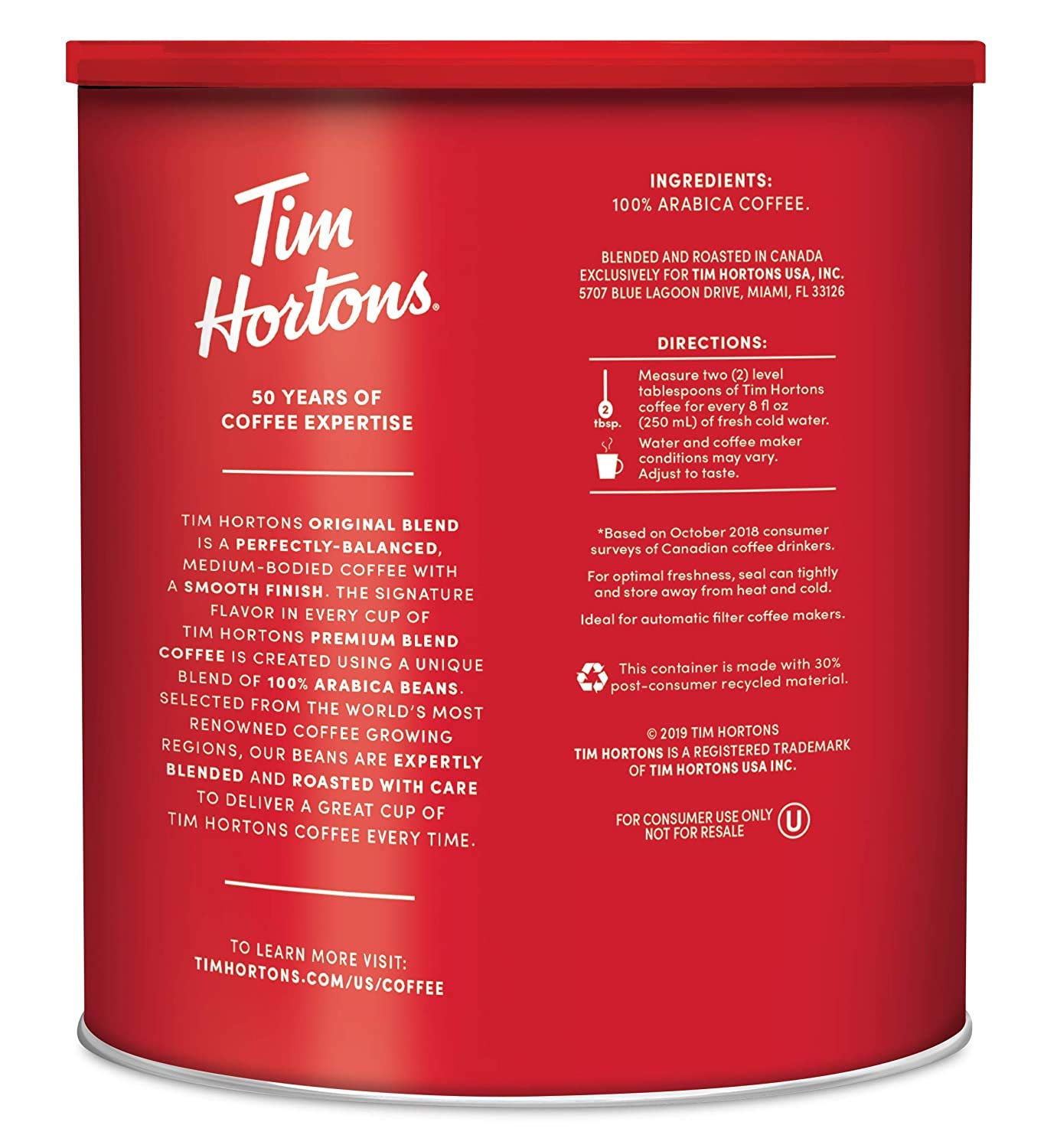 Tim Hortons Original Blend  Medium Roast Ground Coffee  Canadas Favorite Coffee  Made with 100% Arabica Beans  32.8 Ounce Canister