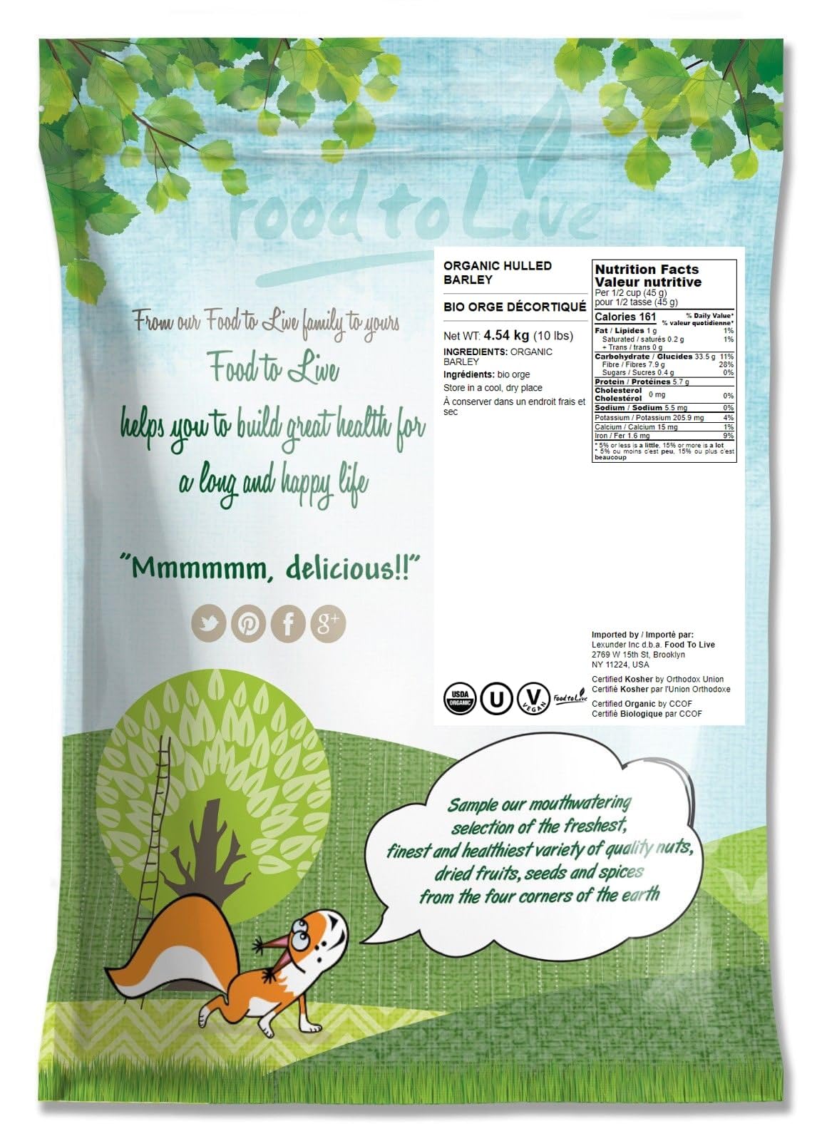 Food to Live Organic Hulled Barley, Non-GMO, 10 Pound Bulk, 100% Whole Grain, Kosher, Vegan, High in Fiber