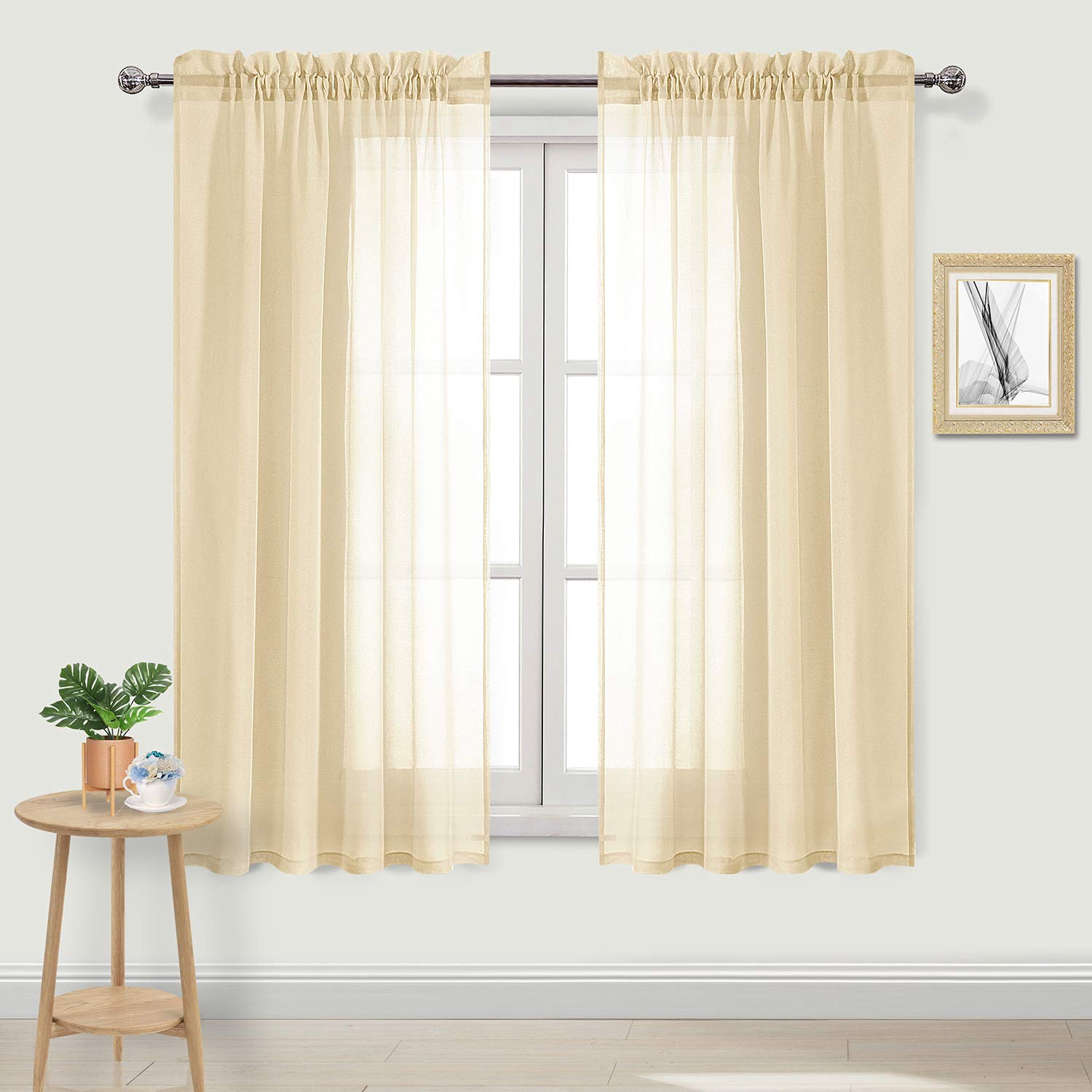 Dwcn Beige Sheer Curtains Semi Transparent Voile Rod Pocket Curtains For Bedroom And Living Room, 52 X 63 Inches Long, Set Of 2