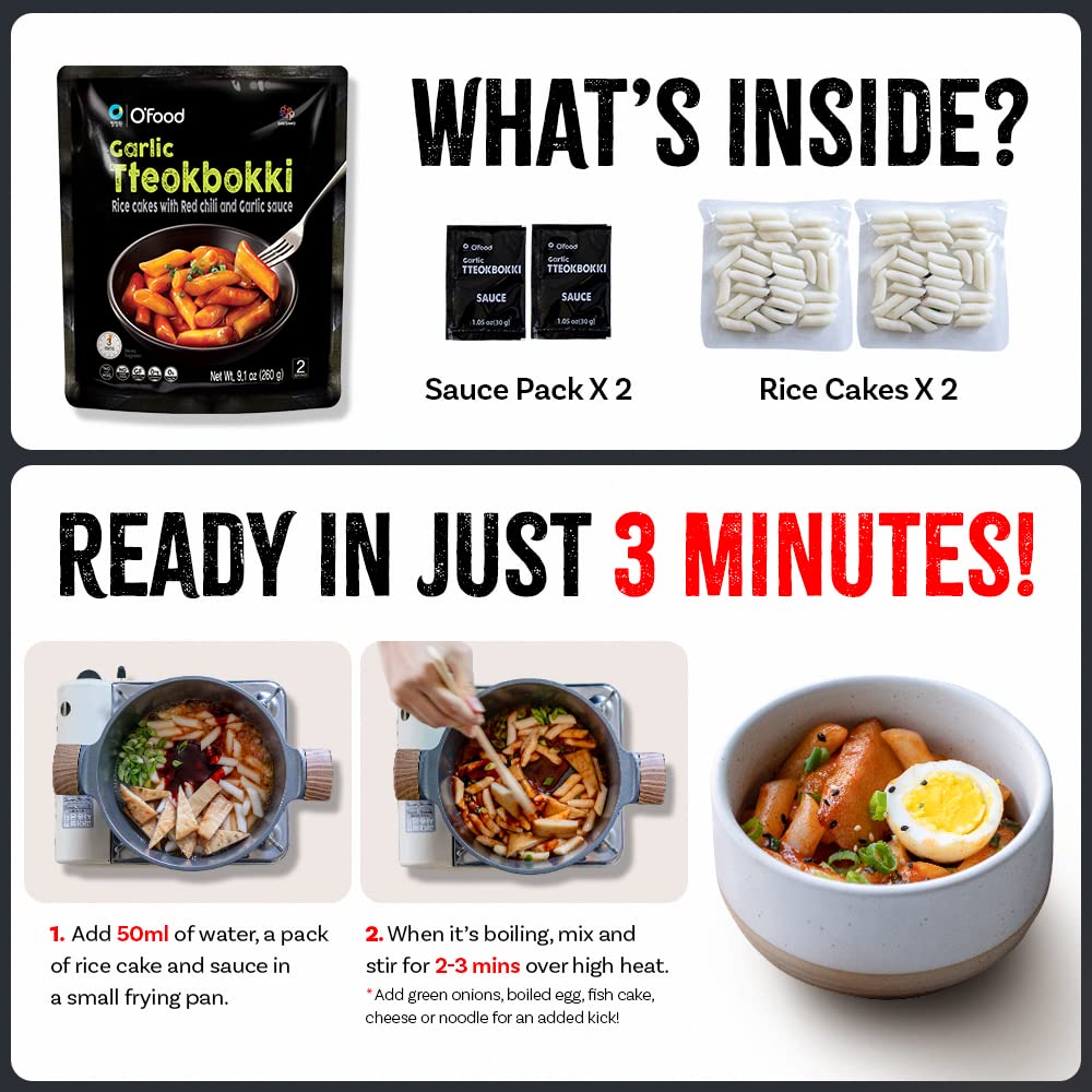 O’Food Garlic Tteokbokki - Gluten-Free Korean Rice Cakes, Ready to Eat, Pack of 1, Authentic Spicy Snack