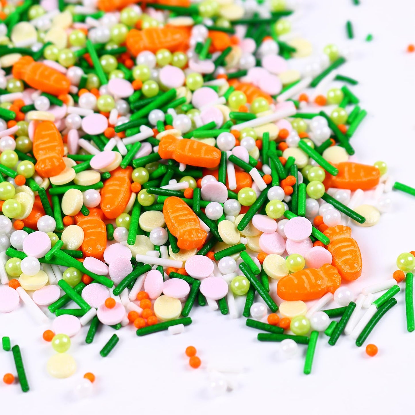 Edible Easter Sprinkles For Cake Decorating, Edible Carrot Sprinkles, Round Sprinkles, And Jimmy Spring Sprinkles For Easter Car