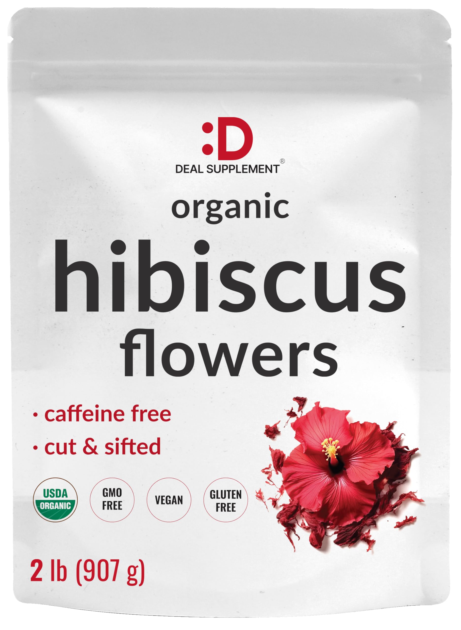 Dried Organic Hibiscus Flowers  2 Pounds - Cut & Sifted Whole Leaves - Loose Leaf Flower Source - Raw Flavor & Aroma  Great for Refilling Tea Bags - Caffeine Free  No Sugar  Non-GMO