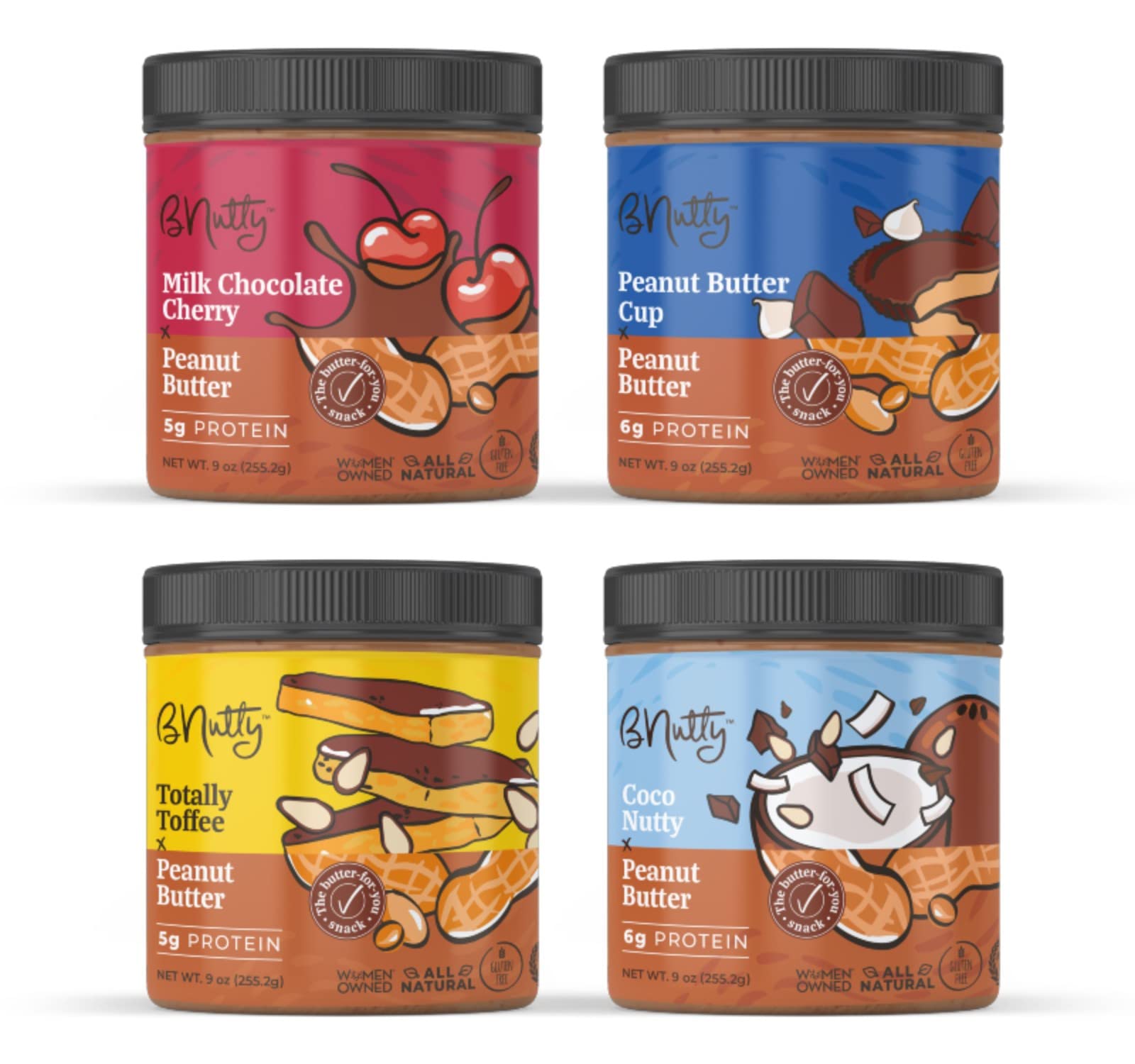 BNutty Chocolate Dream Peanut Butter - Assorted Flavors - Gluten Free - Natural Peanut Butter - Made in USA - 9oz Jars - 4 Pack