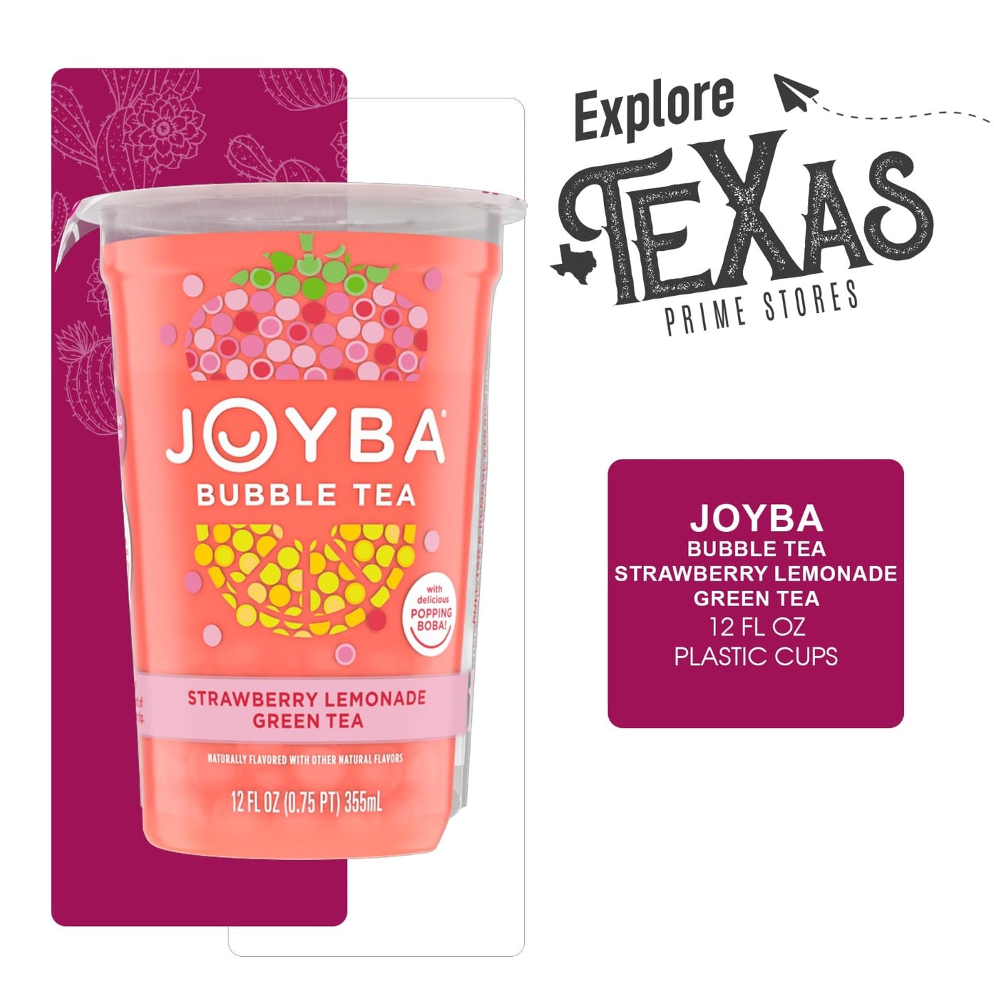 Joyba 16 Pack Strawberry Lemonade Bubble Green Tea Cups 12 Fl Oz With Delicious Natural Fruit Flavored Popping Boba + 1 Freebie