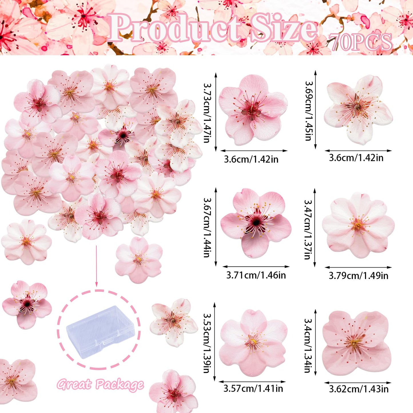 Fyeoxle Edible Cherry Blossoms Cupcake Toppers, 70PCS Wafer Paper Flowers, 1.7 x 1.9 inches, Pink, Baby Shower & Birthday Party Decor