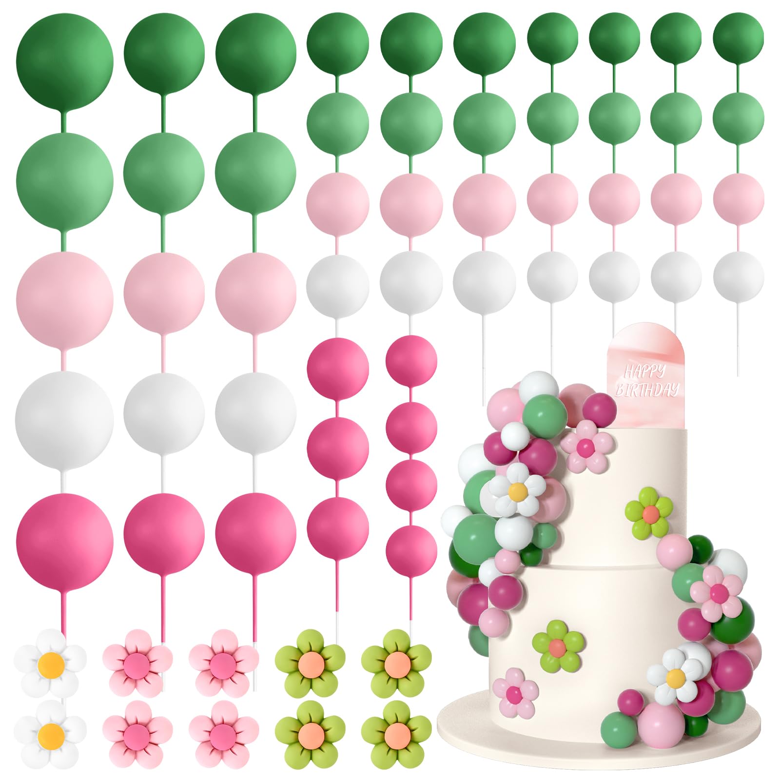 Bouiexye 61 Pcs Boho Cake Topper Balls Decorations Mini Balloon Cake Topper Retro Hippie Daisy Flower Acrylic Cake Topper for Bi