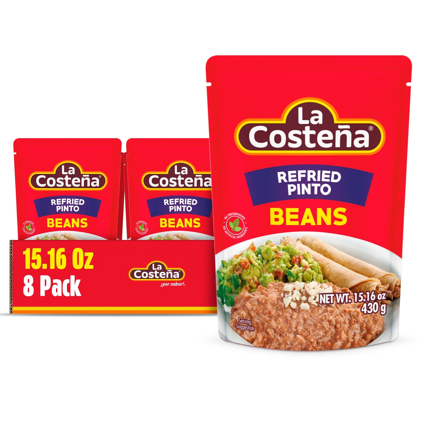 La Costeña Refried Pinto Beans, Microwaveable Pouch, 15.16 Oz, Pack of 8, Pinto Color