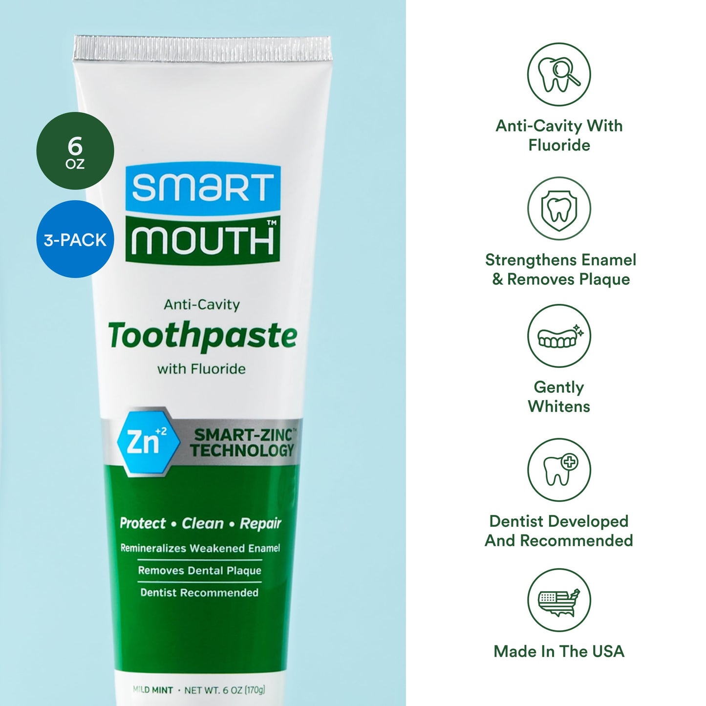 Smartmouth Premium Zinc Ion Toothpaste, Helps With Cavity, Enamel & Plaque, Mild Mint, 6 Oz, 3 Pack