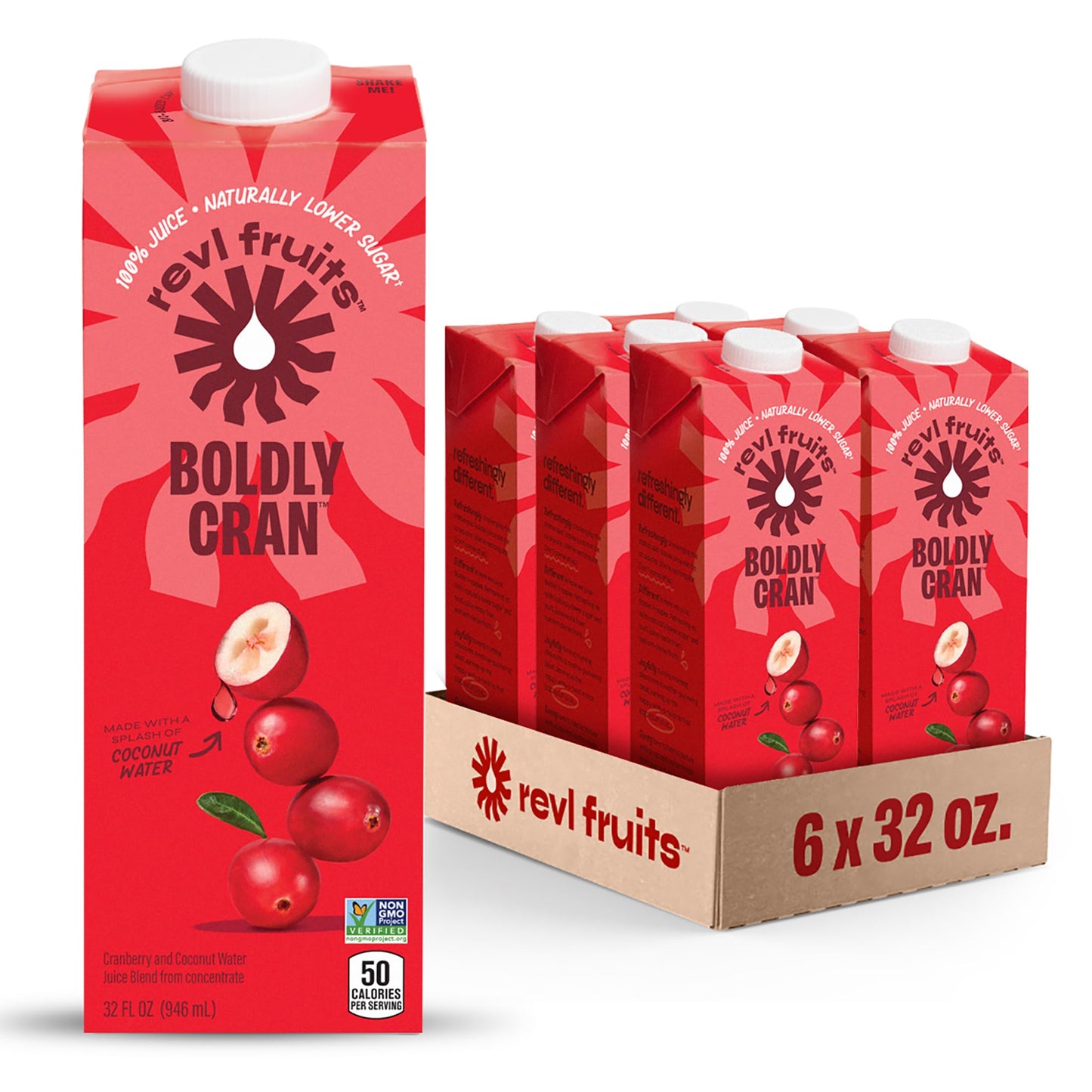 Revl Fruits 100% Juice, Boldly Cran Cranberry Juice, No Added Sugar, 32 Fl Oz. Carton (Pack Of 6)
