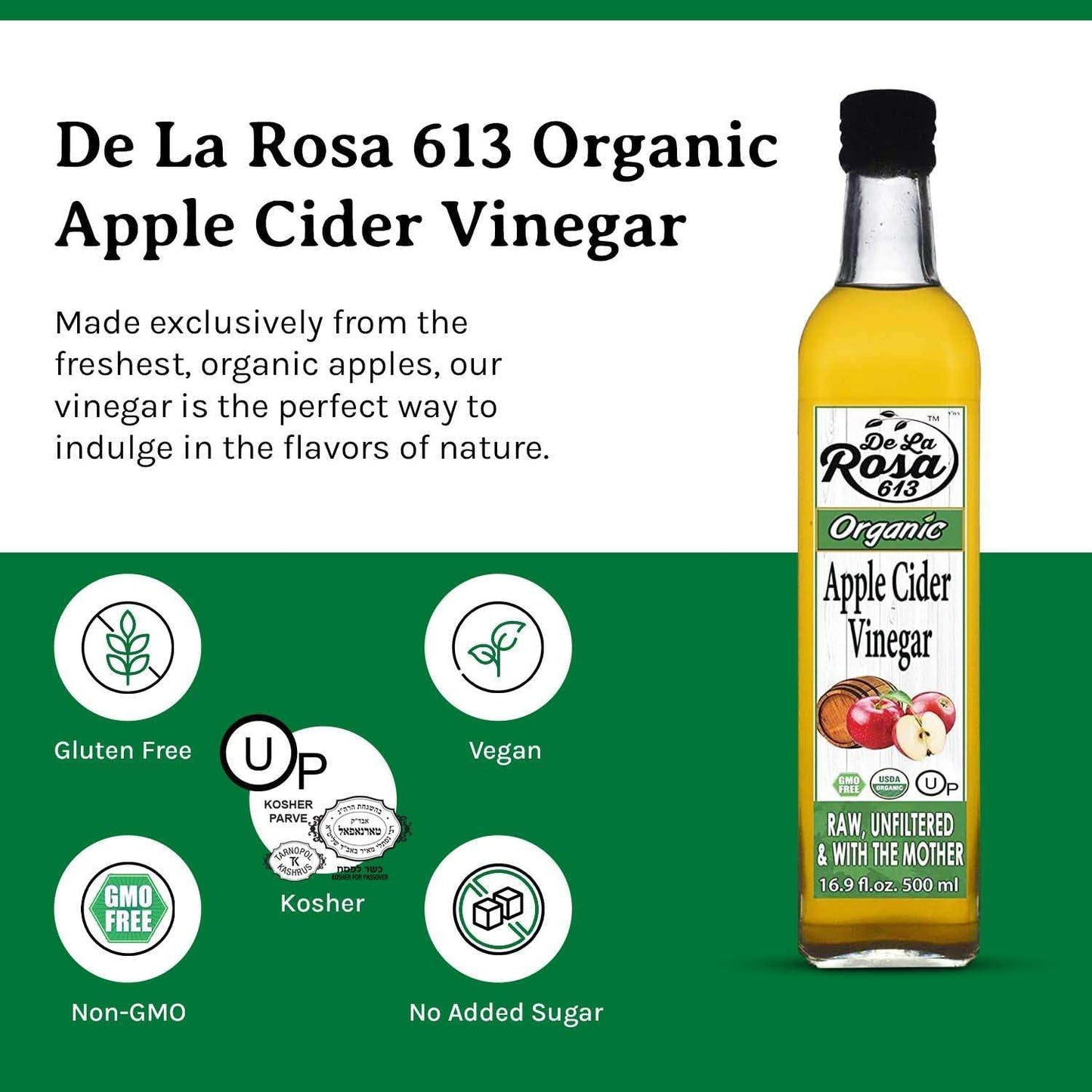 De La Rosa Organic Apple Cider Vinegar, Raw & Unfiltered, 16.9 Fl Oz, Vegan, Gluten-Free, Kosher for Passover