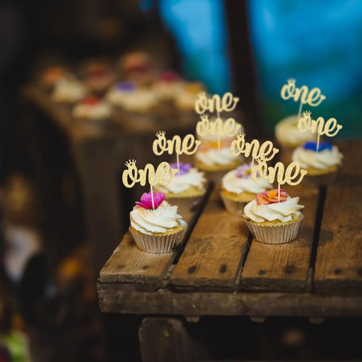 Gyufise 24 Pack One Cupcake Toppers Gold Glitter First Birthday Decorations For Kids Boy Girl First Birthday Party Decoration Supplies