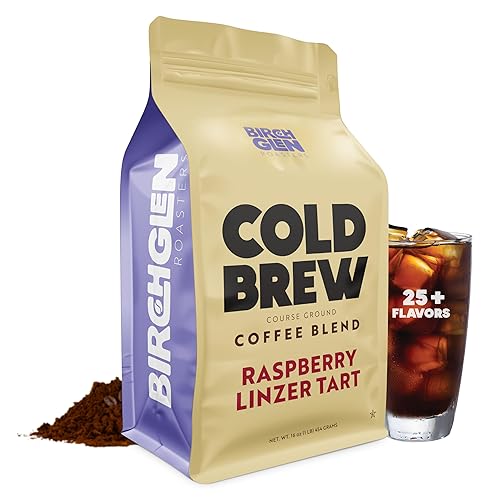 1 Lb Raspberry Linzer Cookie Flavored Cold Brew Coffee Blend, Coarse Ground Colombian - Birch Glen Roasters - 16 Oz Resealable B