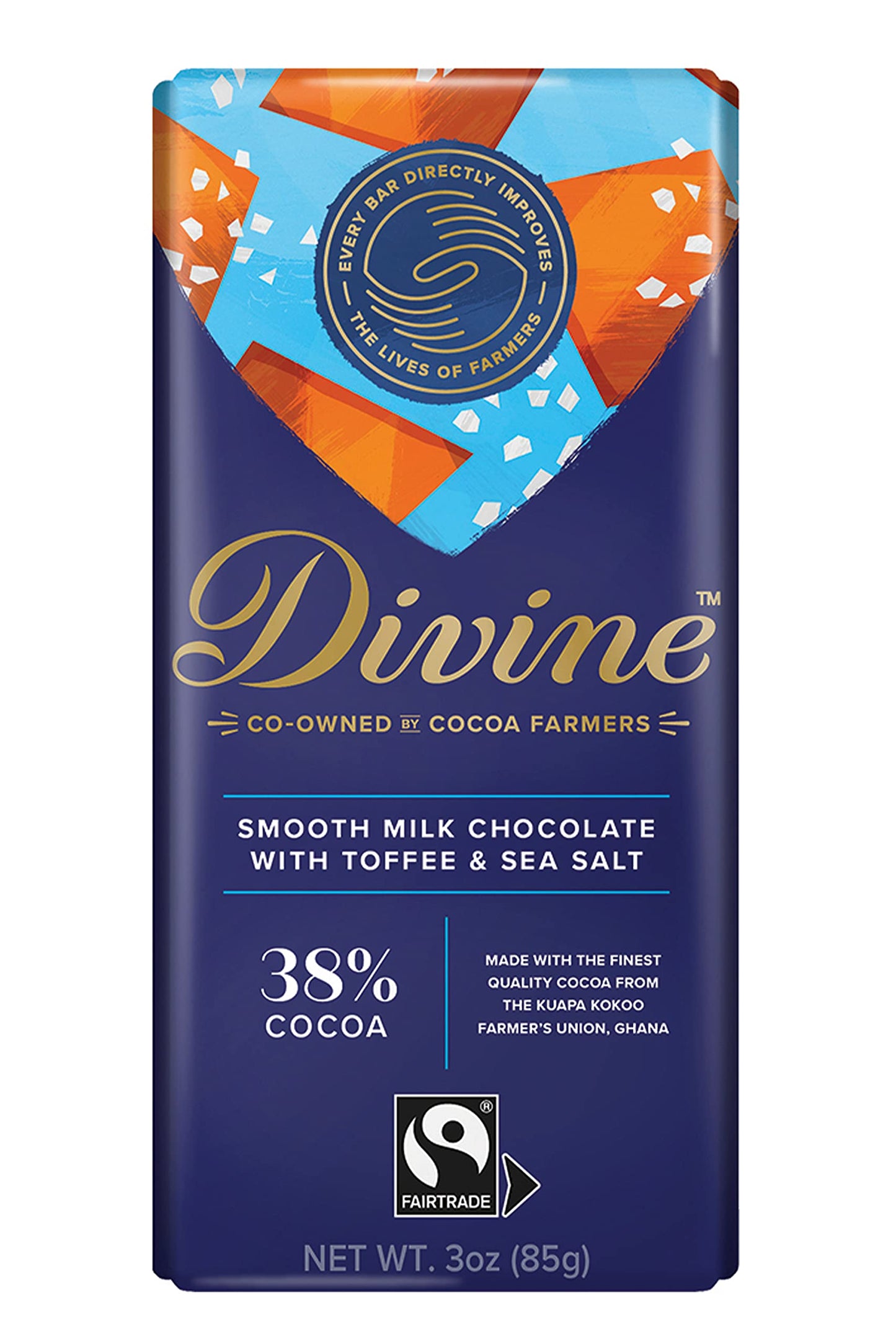 Divine Chocolate Bars - Milk Chocolate with Toffee & Sea Salt - Made with Fairtrade Cocoa, Natural Ingredients, No Artificial Fl
