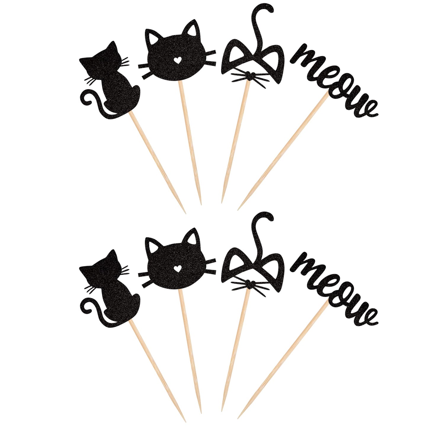 YCTHUNFISH Cat Cupcake Toppers - 24 Pack Black Glitter Kitten Theme, Small Size, Ideal for Baby Shower, Kids Birthday, Wedding Party