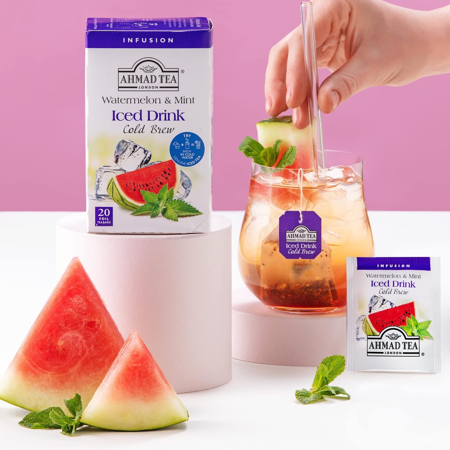 Ahmad Tea Herbal Tea, Cold Brew Watermelon & Mint Teabags, Iced Tea, 20 Ct (Pack Of 6) - Decaffeinated