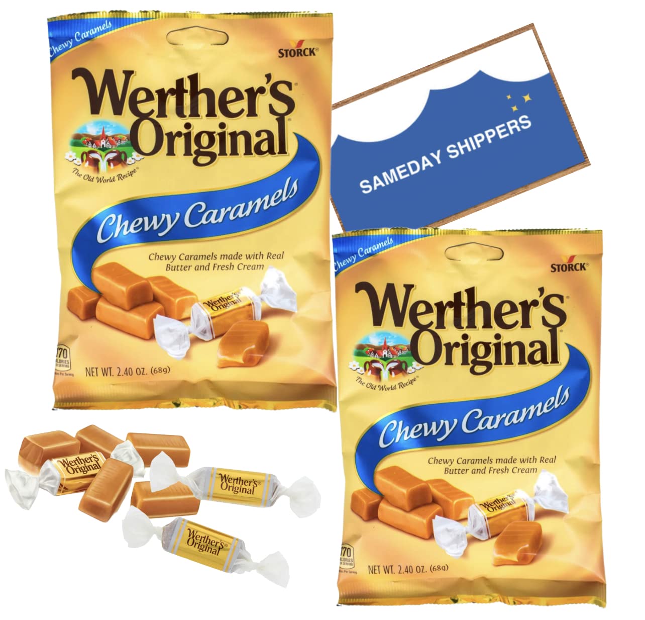 Werthers' Original | Chewy Caramels | Individually Wrapped Candies, 2 Pack -2.4 Oz | Sameday Shippers Card Included