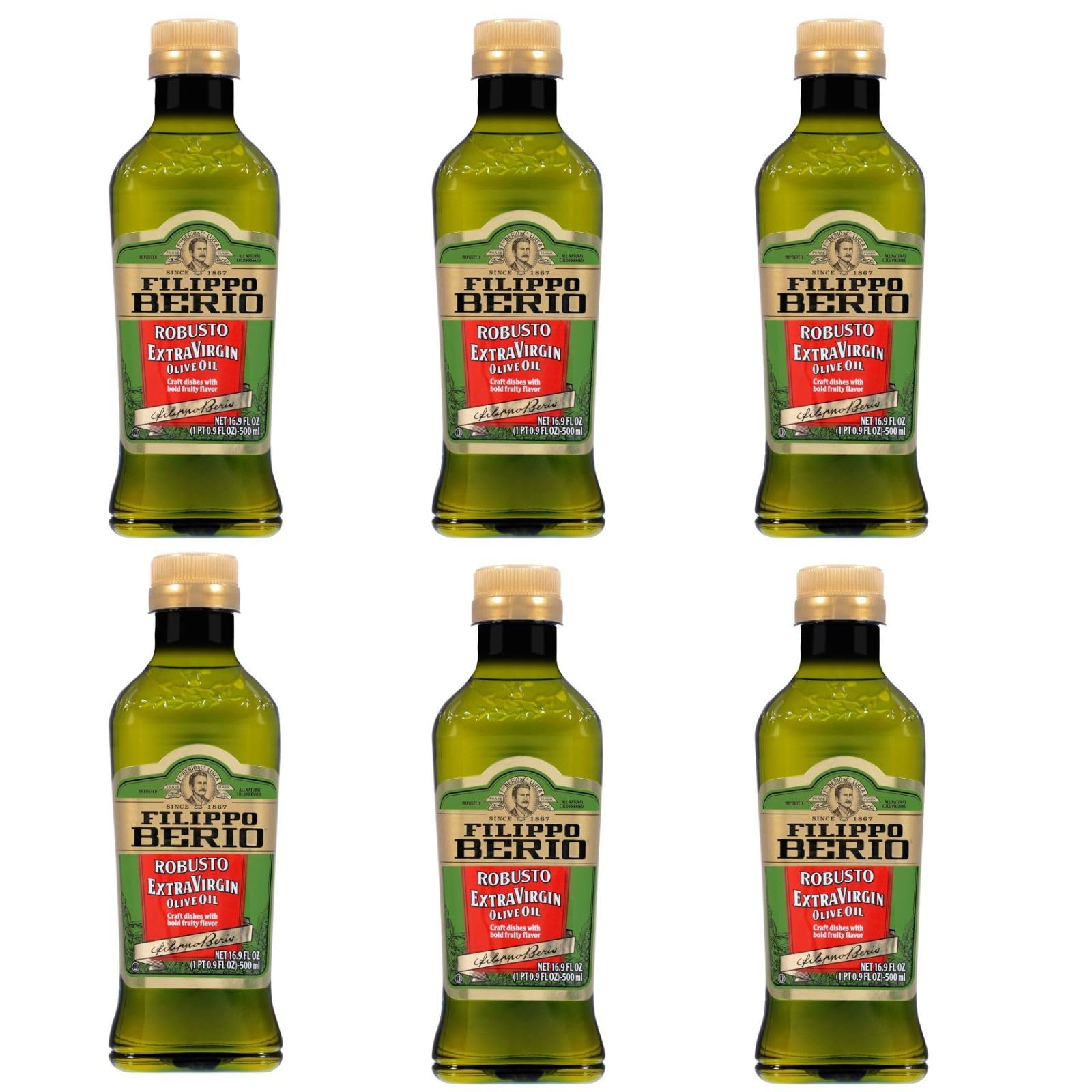 Filippo Berio Extra Virgin Olive Oil, Robusto Bold, 16.9 Ounce rPET Bottle (Pack of 6)