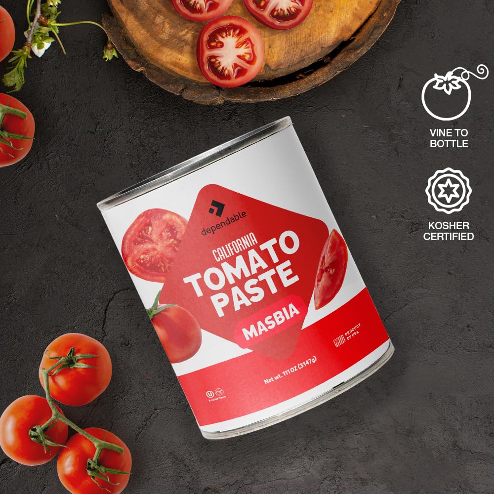 Dependable Foods Tomato Paste - 6.94 Lbs., 111 Oz.- Extra Heavy Pizza Sauce With Basil - Authentic California Vine To Bottle Ble