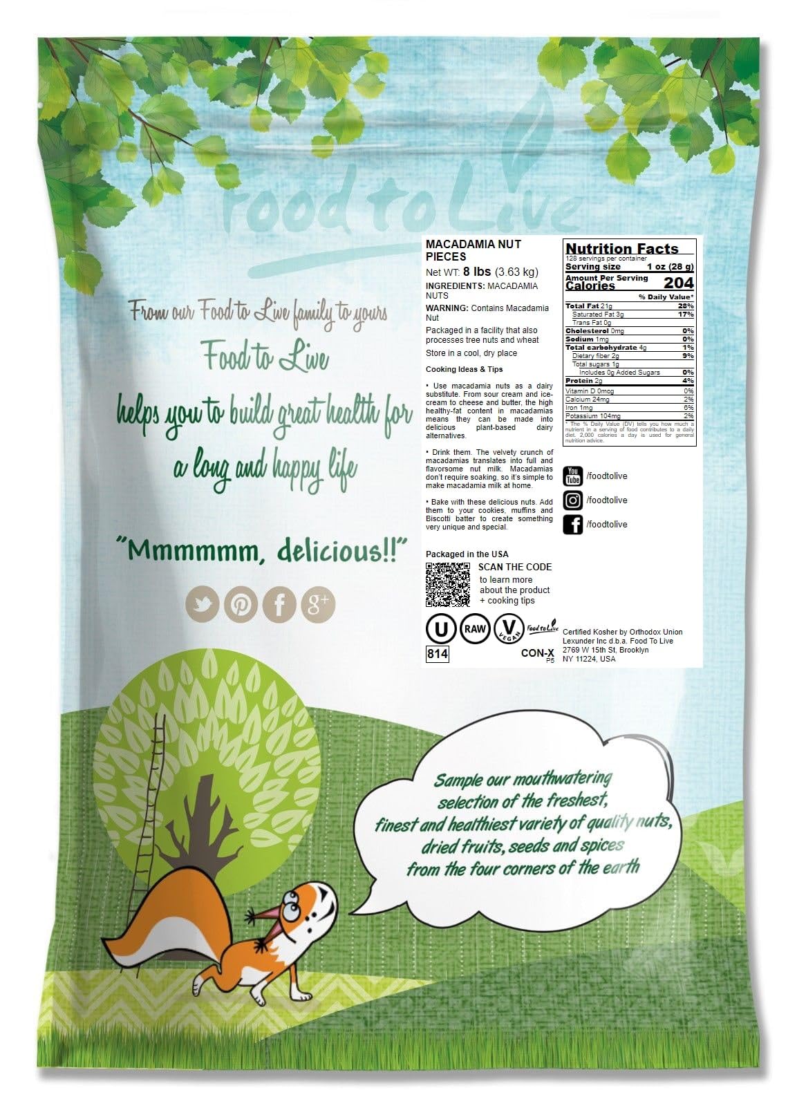 Food To Live Macadamia Nut Halves & Pieces, 8 Pounds - Raw, Shelled, Unsalted, Kosher, Vegan, Bulk. Keto Snack. Good Source Of H