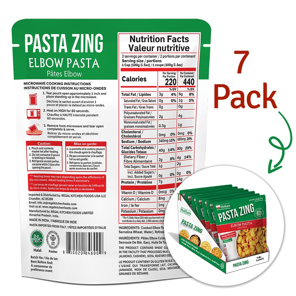 PASTA ZING Microwavable Elbow Pasta, 100% Italian Duspirit-inspired flavor Wheat, Ready in 60 Sec, 7.05 Ounce (Pack of 7)