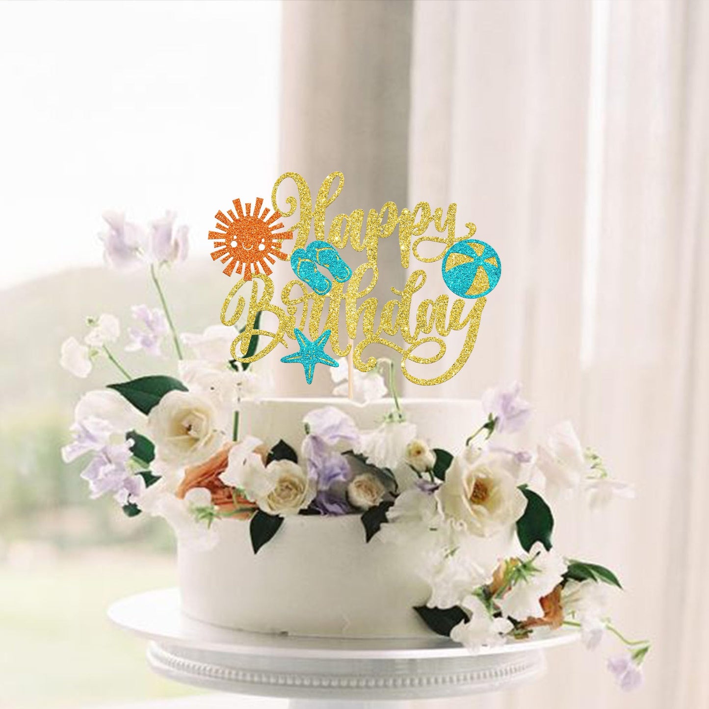 Rssta i Summer Beach Cake Topper - Slippers, Sun, Umbrella, Starfish, Gold, Hawaiian Theme, Birthday Party Decorations